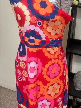 One-Shoulder Red Multi-Color Floral Circle Print Dress